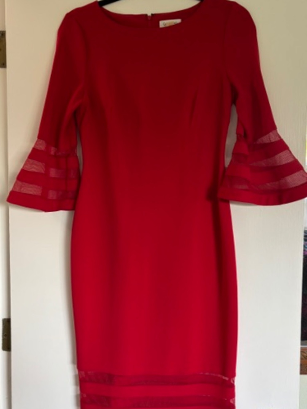 Calvin Klein Red Dress with Mesh Bell Sleeves
